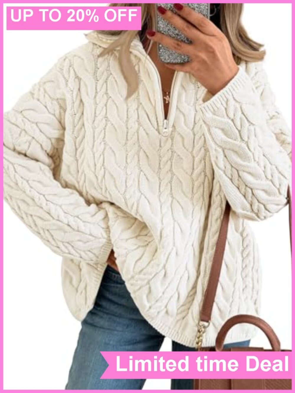 Oversized Cable Knit Quarter Zip Pullover Sweater Cotton Acrylic